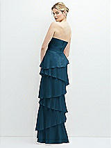 Rear View Thumbnail - Atlantic Blue Strapless Asymmetrical Tiered Ruffle Chiffon Maxi Dress with Handworked Flower Detail