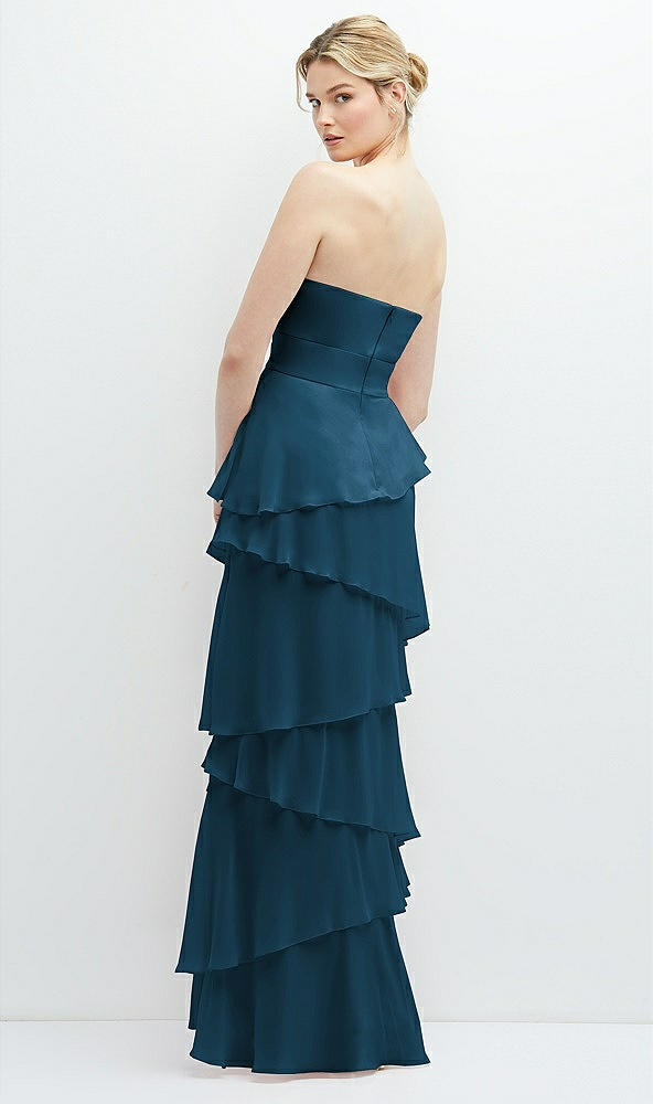 Back View - Atlantic Blue Strapless Asymmetrical Tiered Ruffle Chiffon Maxi Dress with Handworked Flower Detail