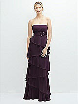 Front View Thumbnail - Aubergine Strapless Asymmetrical Tiered Ruffle Chiffon Maxi Dress with Handworked Flower Detail