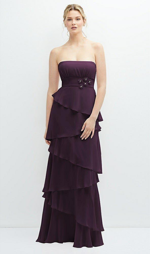 Front View - Aubergine Strapless Asymmetrical Tiered Ruffle Chiffon Maxi Dress with Handworked Flower Detail