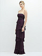 Side View Thumbnail - Aubergine Strapless Asymmetrical Tiered Ruffle Chiffon Maxi Dress with Handworked Flower Detail