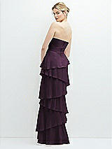 Rear View Thumbnail - Aubergine Strapless Asymmetrical Tiered Ruffle Chiffon Maxi Dress with Handworked Flower Detail