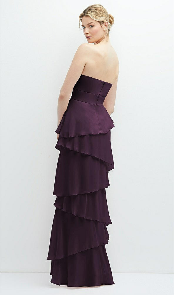 Back View - Aubergine Strapless Asymmetrical Tiered Ruffle Chiffon Maxi Dress with Handworked Flower Detail