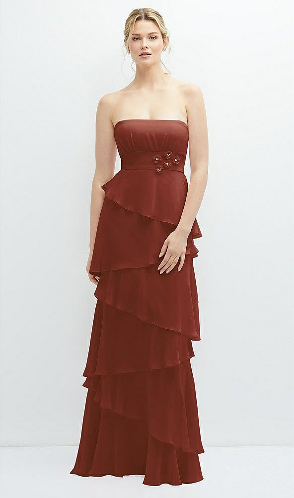 Front View - Auburn Moon Strapless Asymmetrical Tiered Ruffle Chiffon Maxi Dress with Handworked Flower Detail