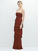 Side View Thumbnail - Auburn Moon Strapless Asymmetrical Tiered Ruffle Chiffon Maxi Dress with Handworked Flower Detail