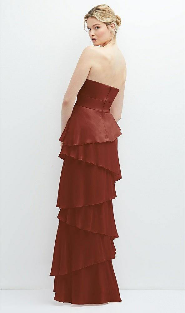 Back View - Auburn Moon Strapless Asymmetrical Tiered Ruffle Chiffon Maxi Dress with Handworked Flower Detail