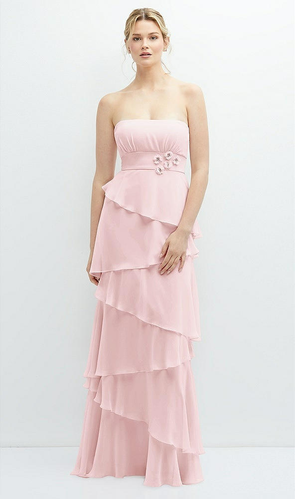 Front View - Ballet Pink Strapless Asymmetrical Tiered Ruffle Chiffon Maxi Dress with Handworked Flower Detail