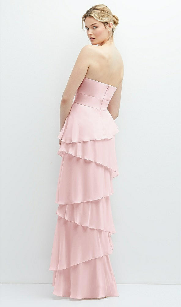 Back View - Ballet Pink Strapless Asymmetrical Tiered Ruffle Chiffon Maxi Dress with Handworked Flower Detail