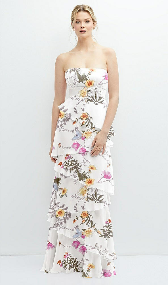 Front View - Butterfly Botanica Ivory Strapless Asymmetrical Tiered Ruffle Chiffon Maxi Dress with Handworked Flower Detail