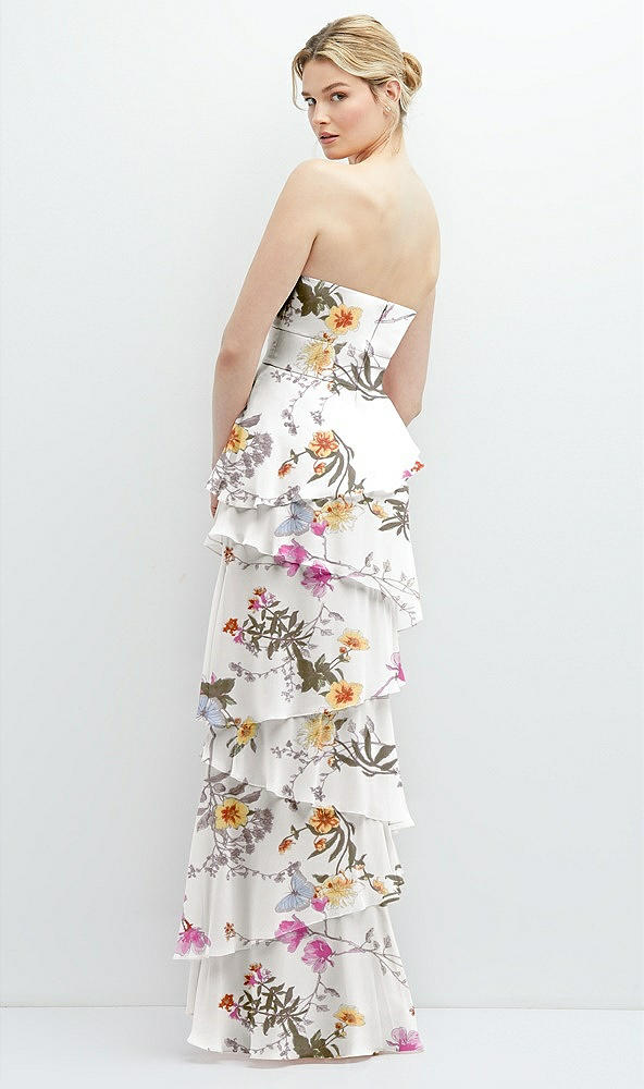 Back View - Butterfly Botanica Ivory Strapless Asymmetrical Tiered Ruffle Chiffon Maxi Dress with Handworked Flower Detail