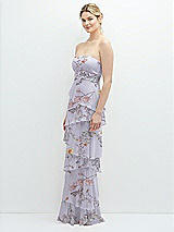 Side View Thumbnail - Butterfly Botanica Silver Dove Strapless Asymmetrical Tiered Ruffle Chiffon Maxi Dress with Handworked Flower Detail