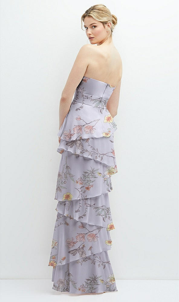 Back View - Butterfly Botanica Silver Dove Strapless Asymmetrical Tiered Ruffle Chiffon Maxi Dress with Handworked Flower Detail