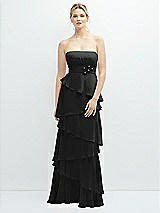 Front View Thumbnail - Black Strapless Asymmetrical Tiered Ruffle Chiffon Maxi Dress with Handworked Flower Detail
