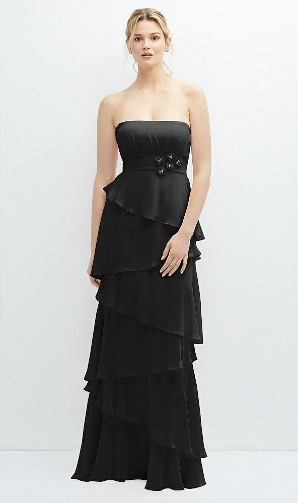 Front View - Black Strapless Asymmetrical Tiered Ruffle Chiffon Maxi Dress with Handworked Flower Detail