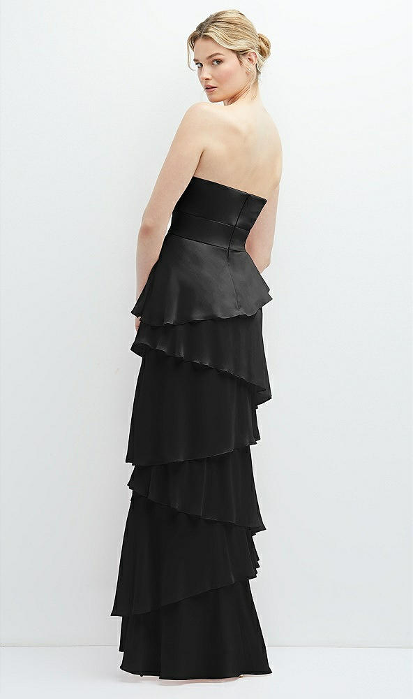 Back View - Black Strapless Asymmetrical Tiered Ruffle Chiffon Maxi Dress with Handworked Flower Detail