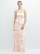 Front View Thumbnail - Blush Strapless Asymmetrical Tiered Ruffle Chiffon Maxi Dress with Handworked Flower Detail
