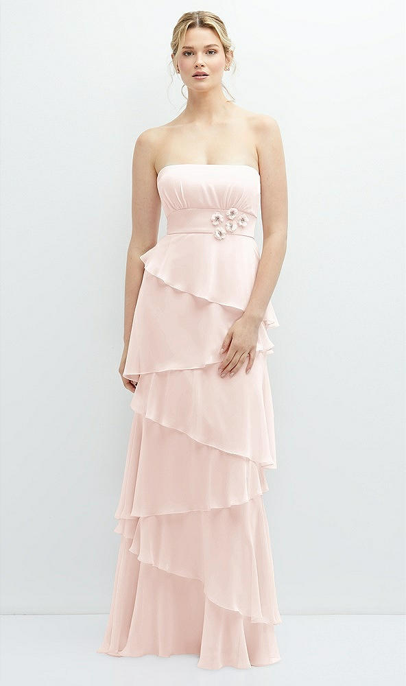 Front View - Blush Strapless Asymmetrical Tiered Ruffle Chiffon Maxi Dress with Handworked Flower Detail