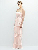 Side View Thumbnail - Blush Strapless Asymmetrical Tiered Ruffle Chiffon Maxi Dress with Handworked Flower Detail