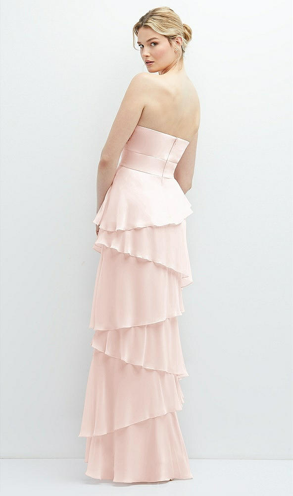 Back View - Blush Strapless Asymmetrical Tiered Ruffle Chiffon Maxi Dress with Handworked Flower Detail