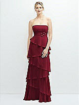 Front View Thumbnail - Burgundy Strapless Asymmetrical Tiered Ruffle Chiffon Maxi Dress with Handworked Flower Detail