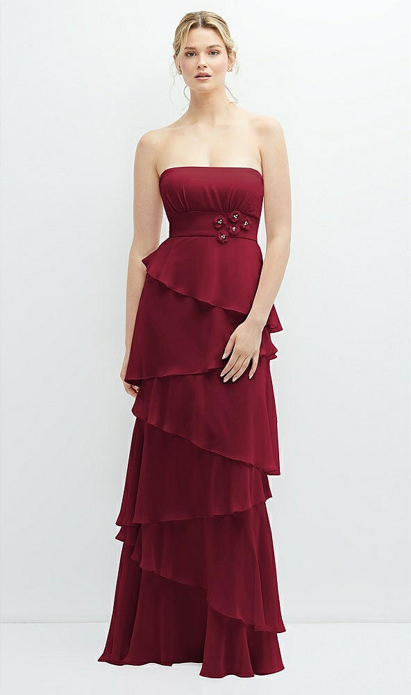 Front View - Burgundy Strapless Asymmetrical Tiered Ruffle Chiffon Maxi Dress with Handworked Flower Detail