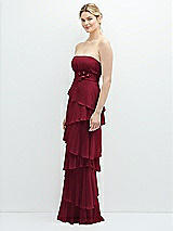 Side View Thumbnail - Burgundy Strapless Asymmetrical Tiered Ruffle Chiffon Maxi Dress with Handworked Flower Detail