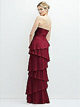Rear View Thumbnail - Burgundy Strapless Asymmetrical Tiered Ruffle Chiffon Maxi Dress with Handworked Flower Detail