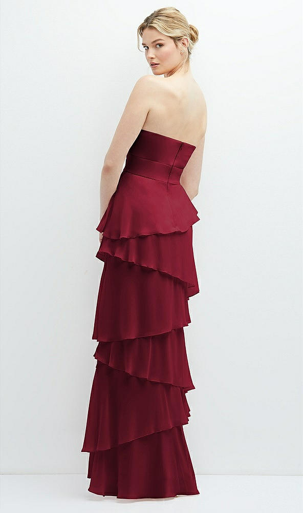 Back View - Burgundy Strapless Asymmetrical Tiered Ruffle Chiffon Maxi Dress with Handworked Flower Detail