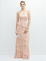 Front View Thumbnail - Cameo Strapless Asymmetrical Tiered Ruffle Chiffon Maxi Dress with Handworked Flower Detail