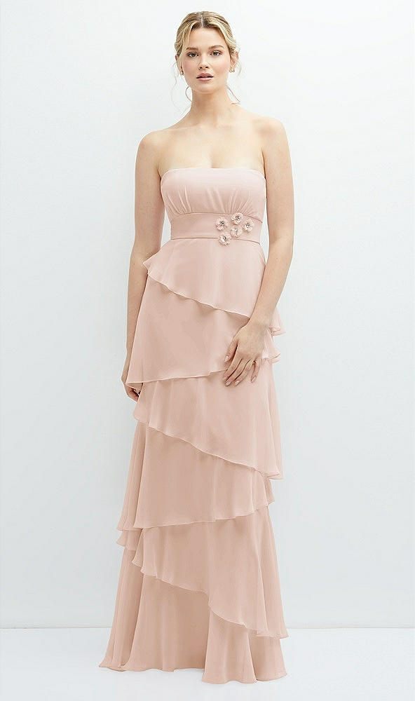 Front View - Cameo Strapless Asymmetrical Tiered Ruffle Chiffon Maxi Dress with Handworked Flower Detail