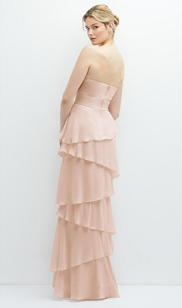 Back View - Cameo Strapless Asymmetrical Tiered Ruffle Chiffon Maxi Dress with Handworked Flower Detail