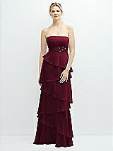 Front View Thumbnail - Cabernet Strapless Asymmetrical Tiered Ruffle Chiffon Maxi Dress with Handworked Flower Detail