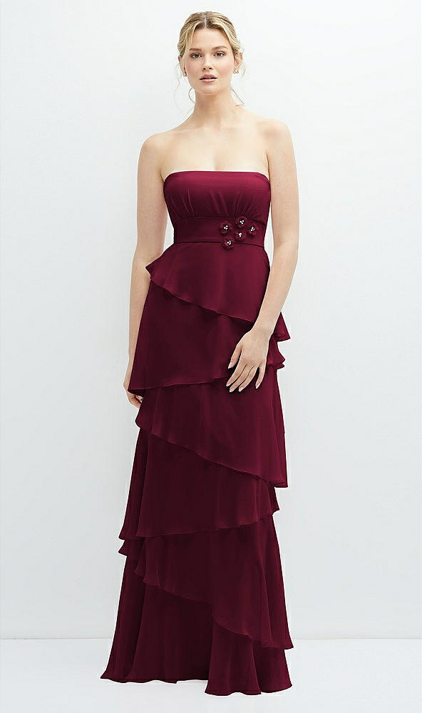 Front View - Cabernet Strapless Asymmetrical Tiered Ruffle Chiffon Maxi Dress with Handworked Flower Detail
