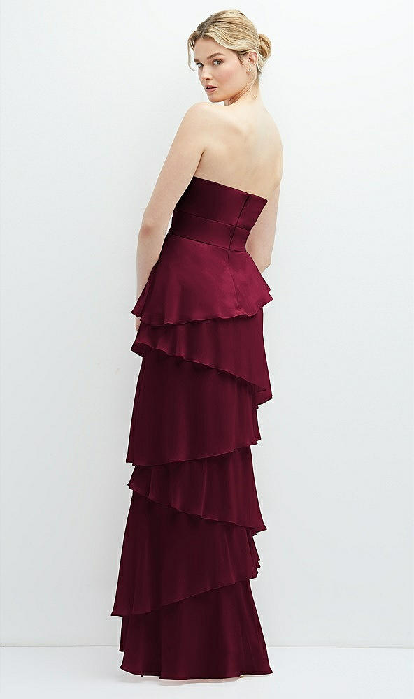 Back View - Cabernet Strapless Asymmetrical Tiered Ruffle Chiffon Maxi Dress with Handworked Flower Detail