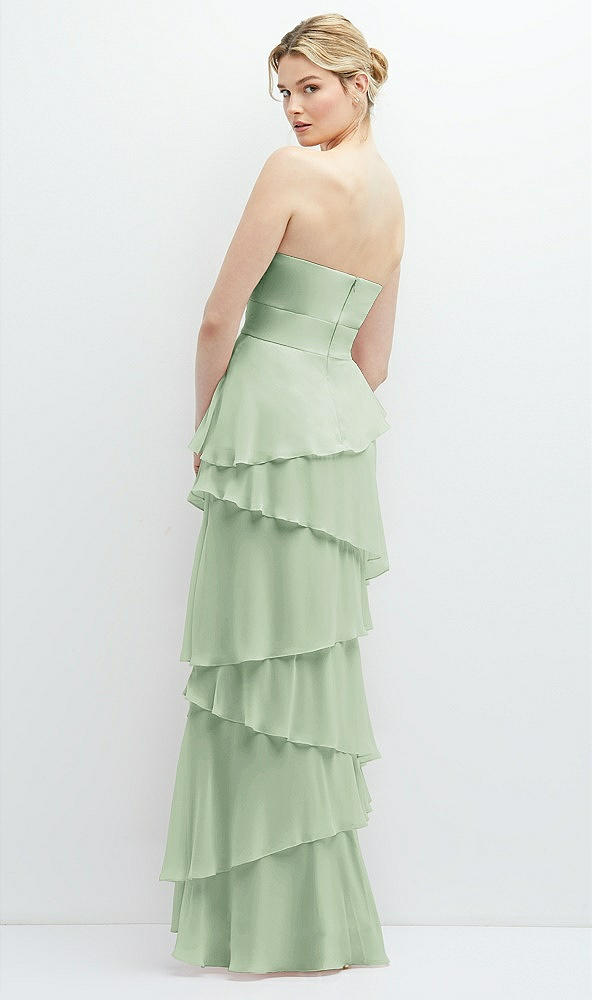 Back View - Celadon Strapless Asymmetrical Tiered Ruffle Chiffon Maxi Dress with Handworked Flower Detail