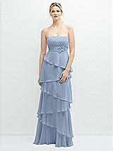 Front View Thumbnail - Cloudy Strapless Asymmetrical Tiered Ruffle Chiffon Maxi Dress with Handworked Flower Detail