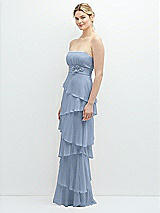 Side View Thumbnail - Cloudy Strapless Asymmetrical Tiered Ruffle Chiffon Maxi Dress with Handworked Flower Detail