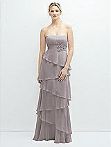 Front View Thumbnail - Cashmere Gray Strapless Asymmetrical Tiered Ruffle Chiffon Maxi Dress with Handworked Flower Detail
