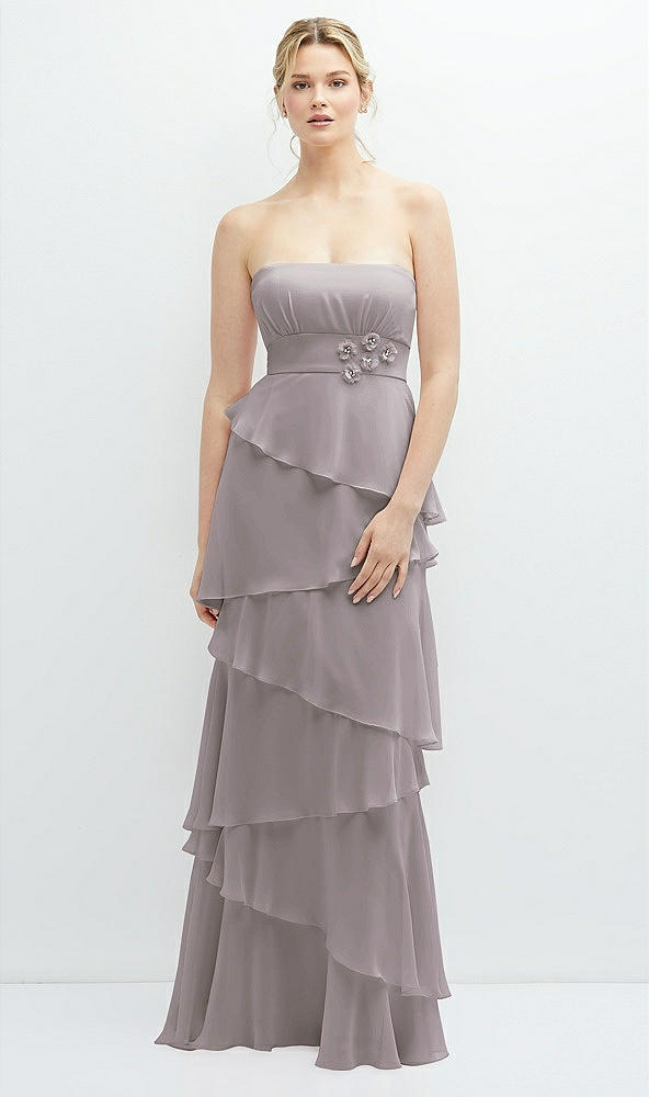 Front View - Cashmere Gray Strapless Asymmetrical Tiered Ruffle Chiffon Maxi Dress with Handworked Flower Detail