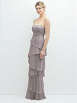 Side View Thumbnail - Cashmere Gray Strapless Asymmetrical Tiered Ruffle Chiffon Maxi Dress with Handworked Flower Detail