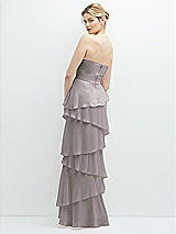 Rear View Thumbnail - Cashmere Gray Strapless Asymmetrical Tiered Ruffle Chiffon Maxi Dress with Handworked Flower Detail