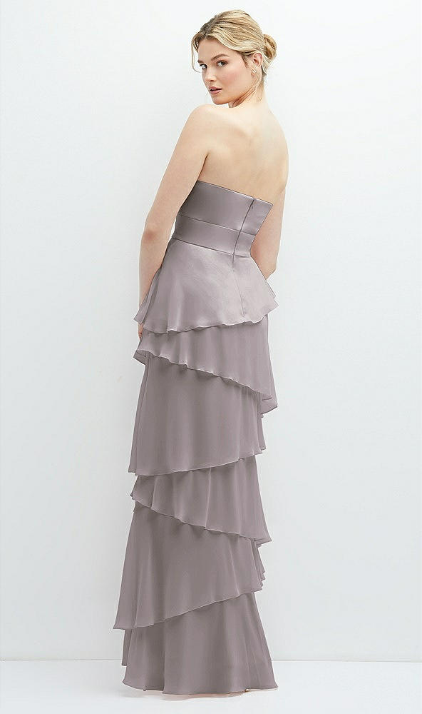 Back View - Cashmere Gray Strapless Asymmetrical Tiered Ruffle Chiffon Maxi Dress with Handworked Flower Detail
