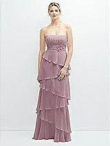 Front View Thumbnail - Dusty Rose Strapless Asymmetrical Tiered Ruffle Chiffon Maxi Dress with Handworked Flower Detail