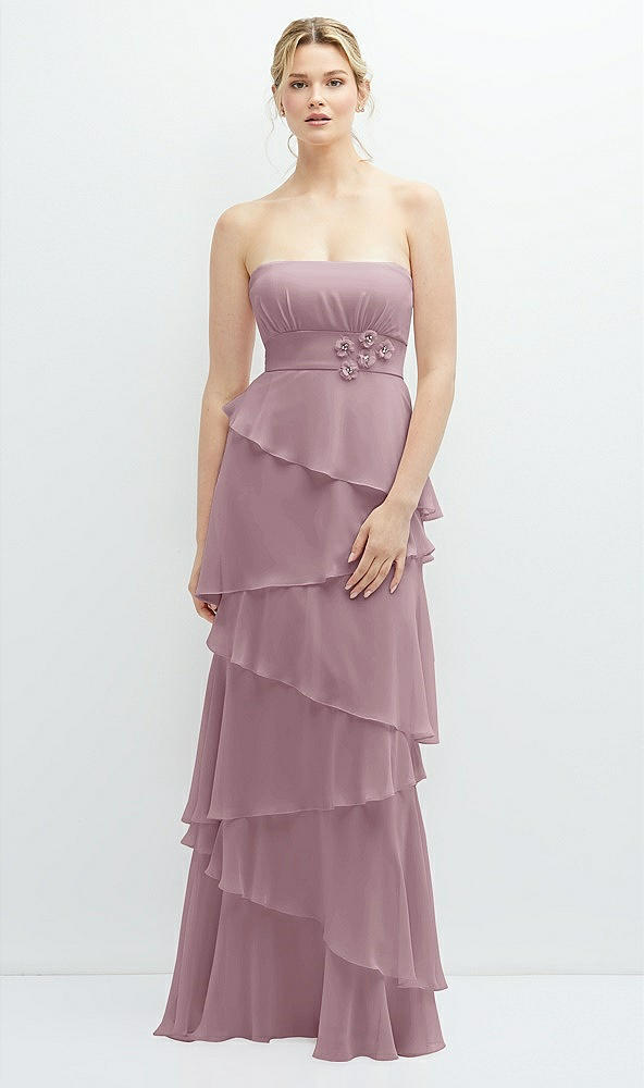 Front View - Dusty Rose Strapless Asymmetrical Tiered Ruffle Chiffon Maxi Dress with Handworked Flower Detail