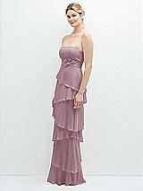 Side View Thumbnail - Dusty Rose Strapless Asymmetrical Tiered Ruffle Chiffon Maxi Dress with Handworked Flower Detail