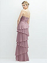 Rear View Thumbnail - Dusty Rose Strapless Asymmetrical Tiered Ruffle Chiffon Maxi Dress with Handworked Flower Detail