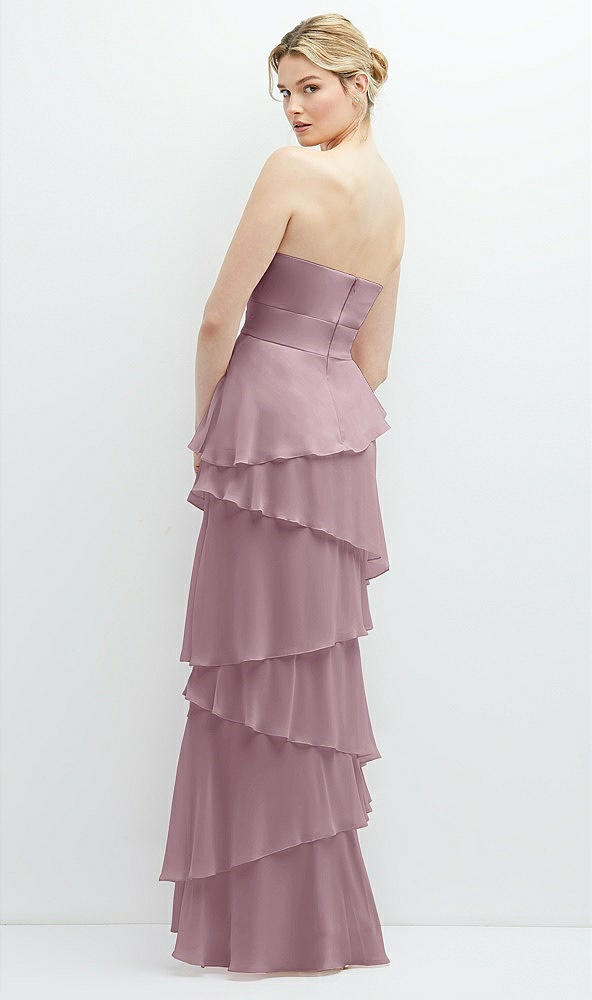 Back View - Dusty Rose Strapless Asymmetrical Tiered Ruffle Chiffon Maxi Dress with Handworked Flower Detail