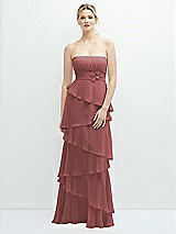 Front View Thumbnail - English Rose Strapless Asymmetrical Tiered Ruffle Chiffon Maxi Dress with Handworked Flower Detail