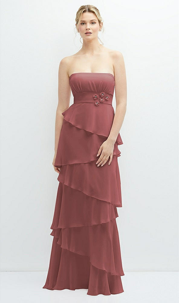 Front View - English Rose Strapless Asymmetrical Tiered Ruffle Chiffon Maxi Dress with Handworked Flower Detail
