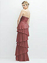 Rear View Thumbnail - English Rose Strapless Asymmetrical Tiered Ruffle Chiffon Maxi Dress with Handworked Flower Detail